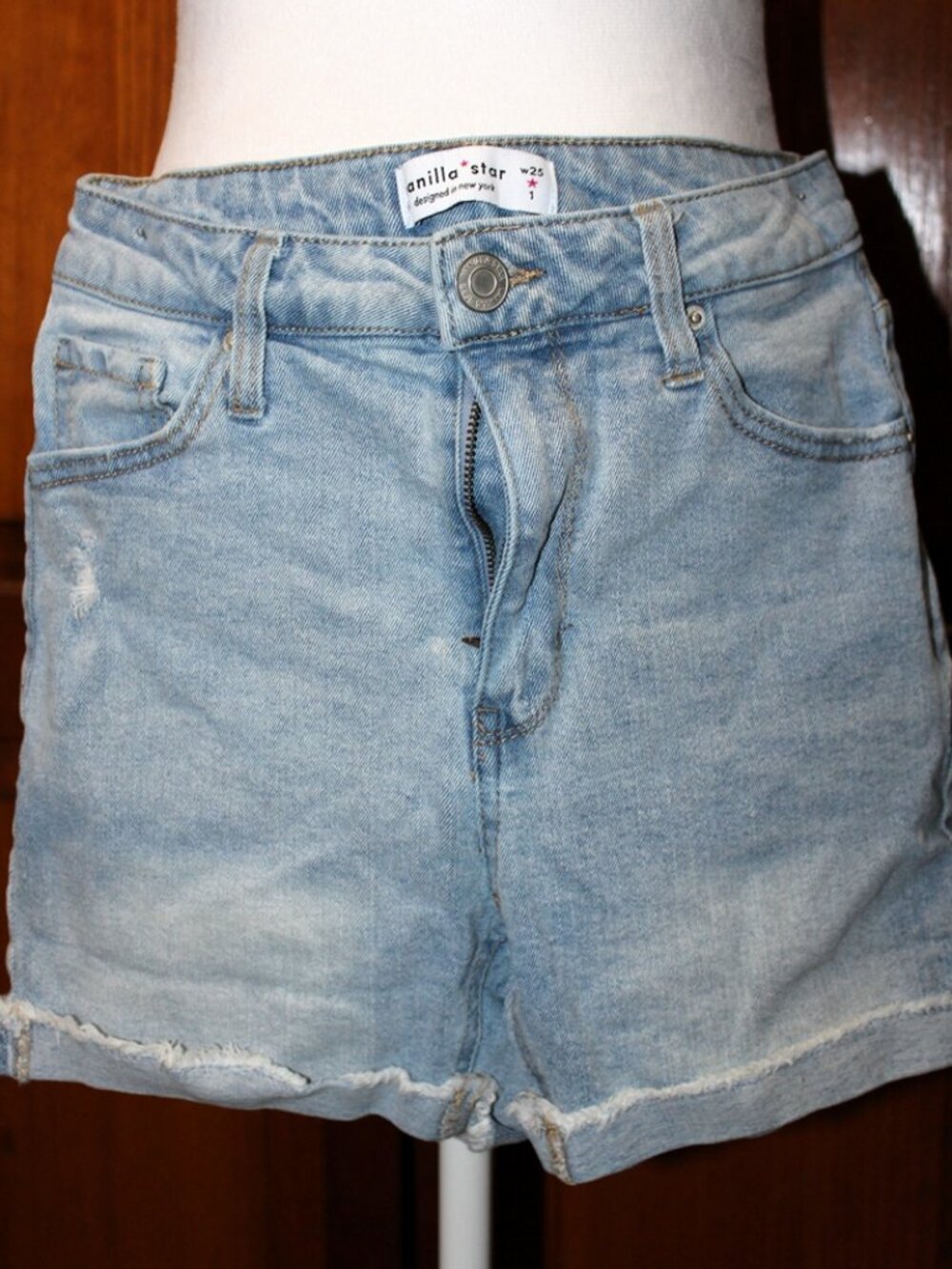 Vanilla Star denim shorts, button front, distressed, size 1 (25), Cotton/spandex